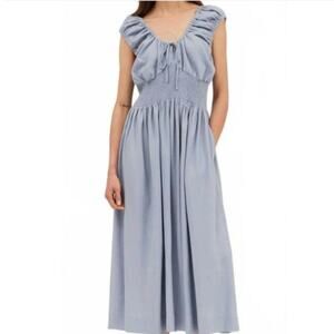 NEW Grade & Gather Linen Blend Midi Dress Ocean Blue Ruffle Smocked Small